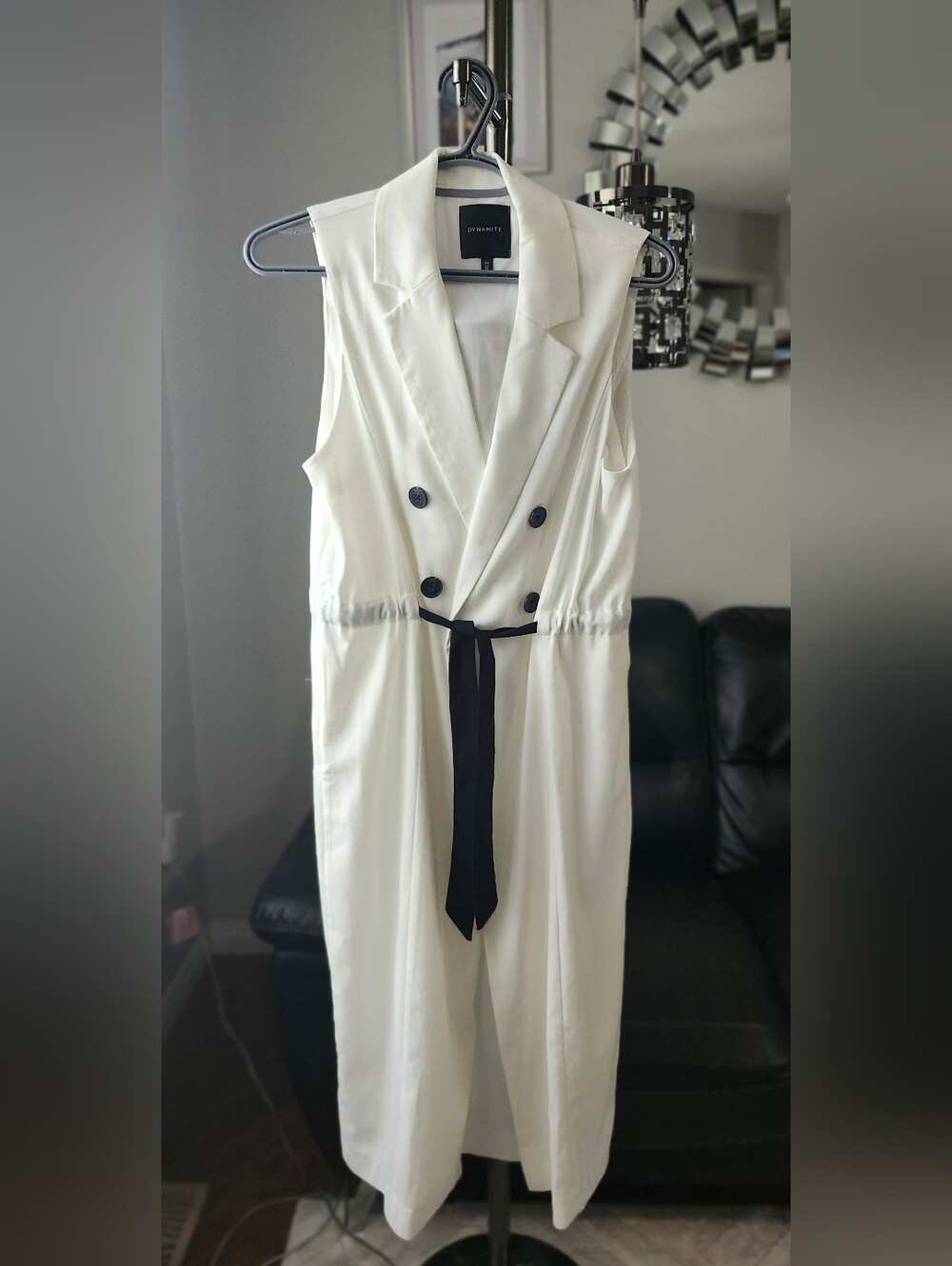 Dynamite Sleeveless White Double-Breasted Long Vest Black Tie